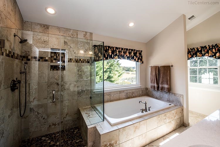 Traditional Bathroom Remodel with Beige Tile