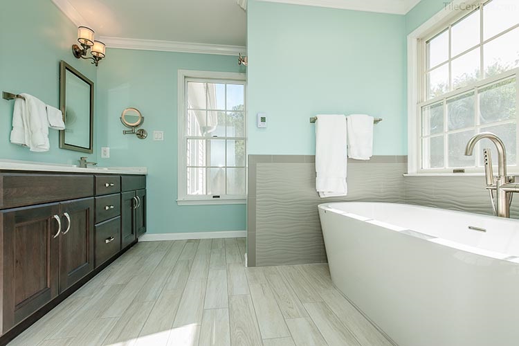 Transitional style bathroom remodel with wood look tile design