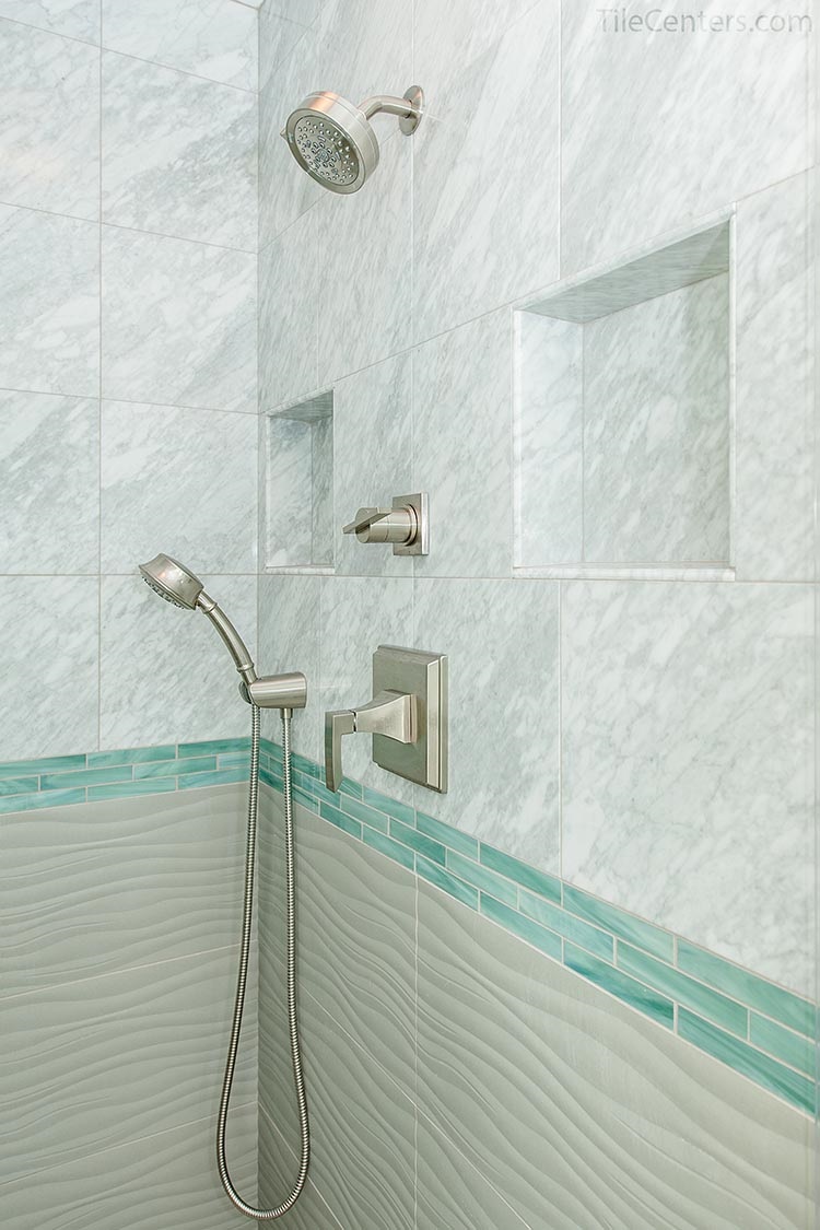 Shower wall tile with two shower niche