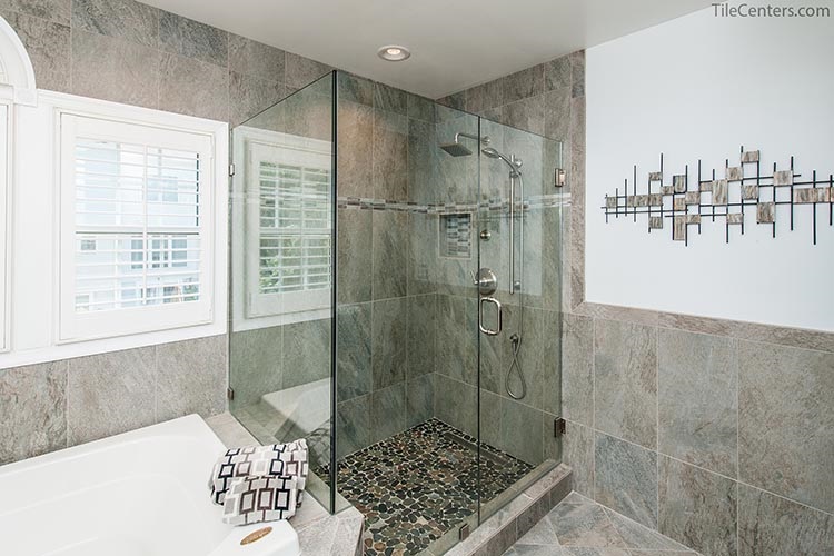 Grey Tile Standing Shower with Stone Floor