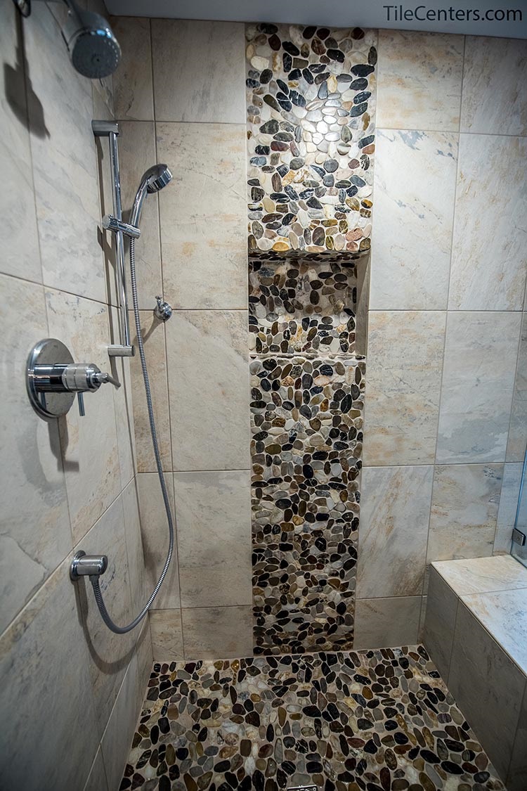 Grey Shower Tile with Stone Waterfall Accent