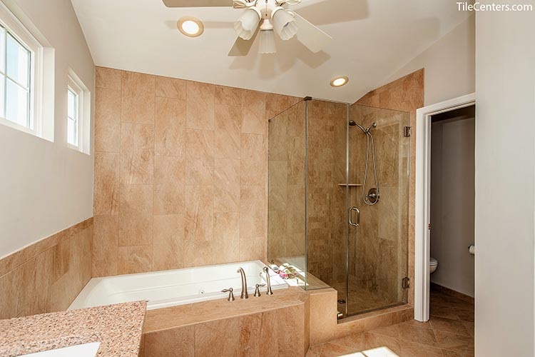 Beige Bathroom Wall Tile with Bathtub and Shower