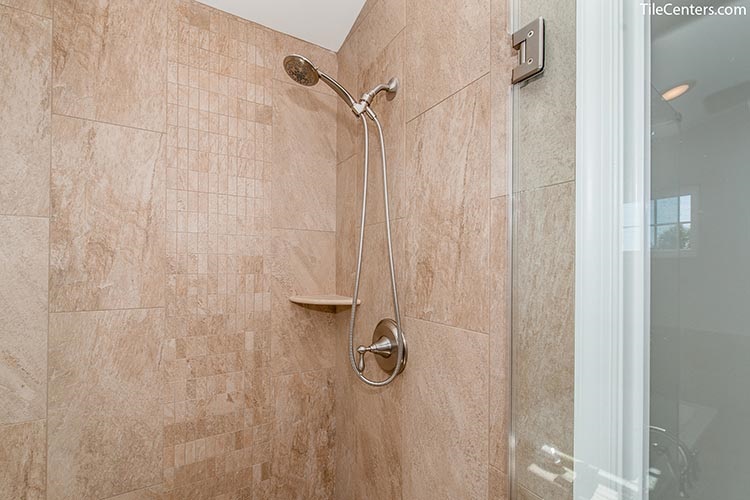 Beige Shower Tile with Brushed Nickel Faucet