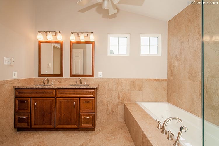 Traditional Bathroom with Brown Vanity and Beige Tile