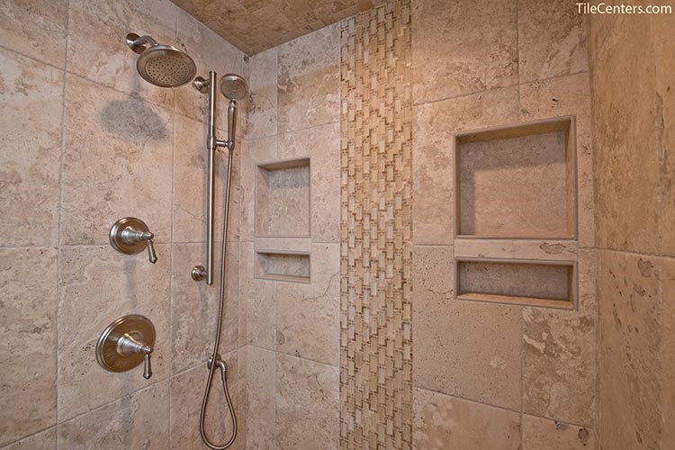 Beige Tile Shower with Waterfall Pattern
