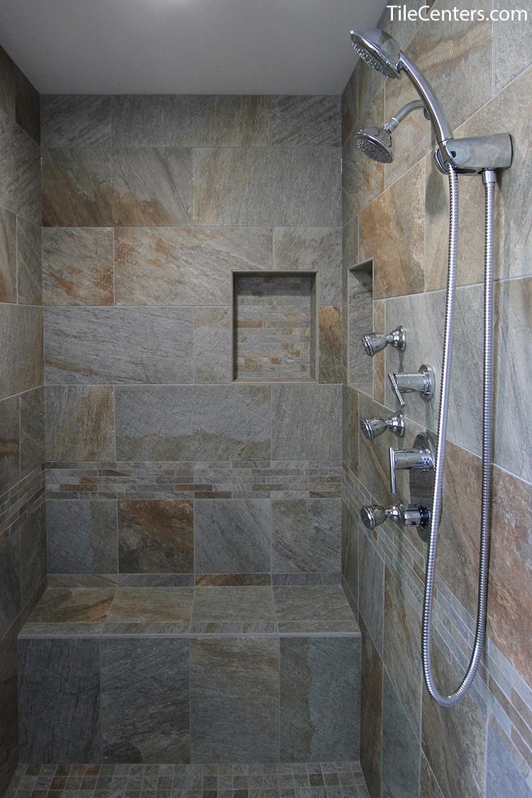 Shower with Grey Tile, Seat, and Niche