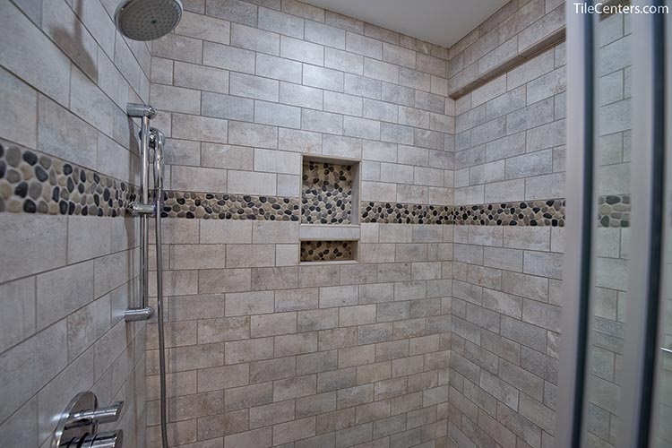 Standing Shower with Grey Tile and Stone Tile