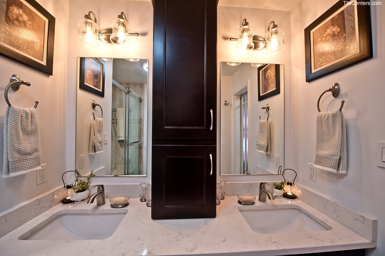 Bathroom Vanity with White Grey Countertop and Dark Cabinets