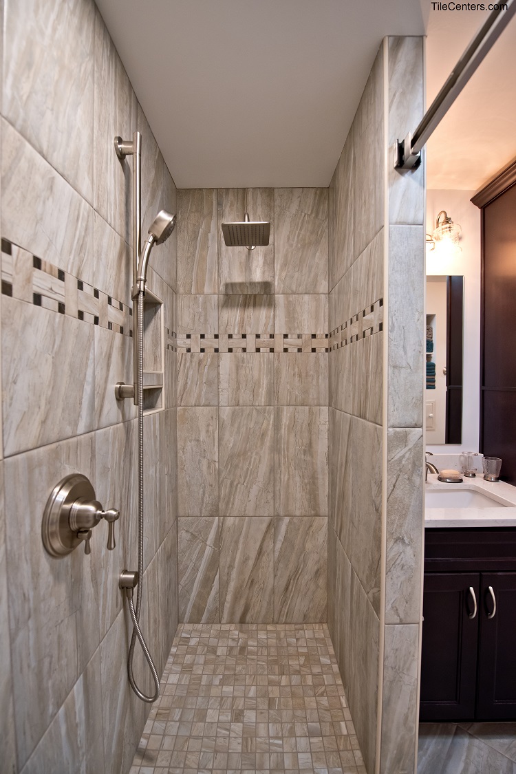 Hidden Shower with Ash Tile and Brushed Nickel Shower Faucets