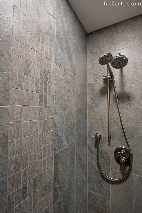 Grey Shower Tile with Brushed Nickel Shower Faucet