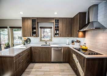 Contemporary kitchen remodel with wood style tile floors
