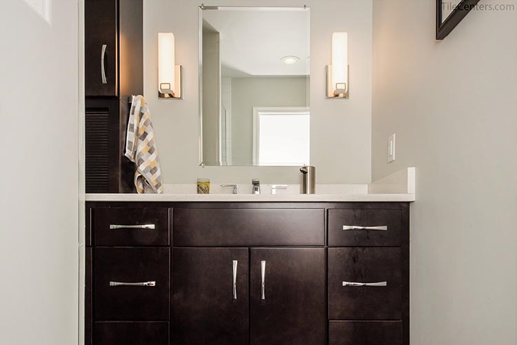 Softclose dark mocha vanity cabinets in new bathroom remodel