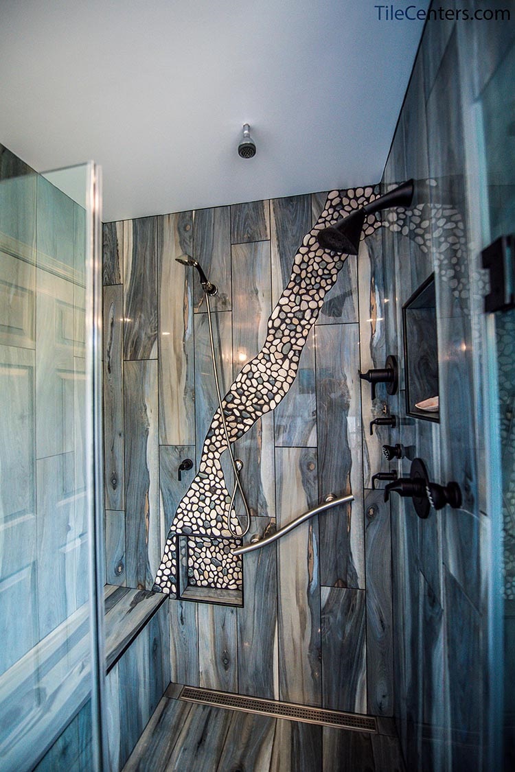 Wood Look Tile Shower with Stone Accent