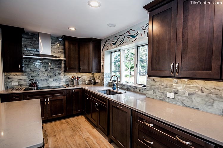 Brown Kitchen Cabinets with Grey Backsplash Tile