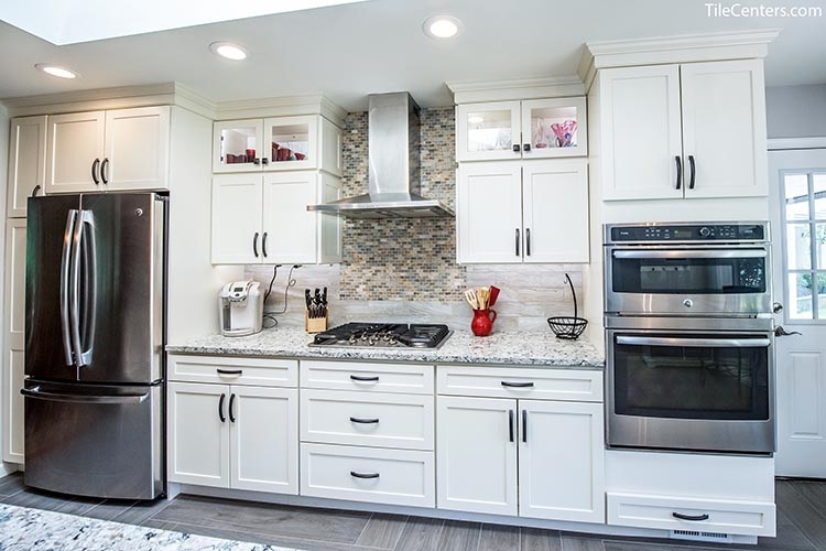 White Kitchen Cabinets with Grey Kitchen Backsplash Tile