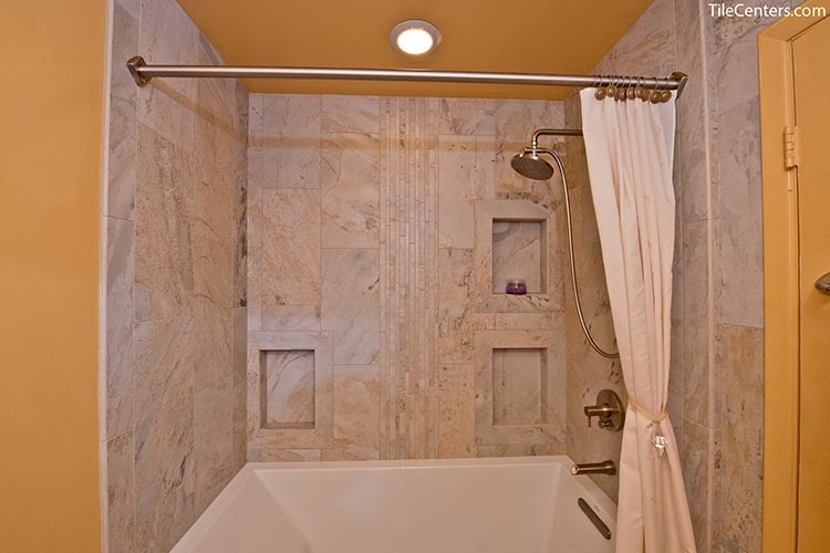 Grey Beige Tile Shower with Bathtub and Niche