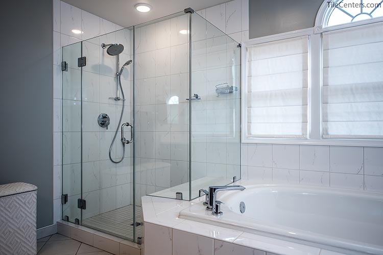 Glass Shower Door with White Surround Tile