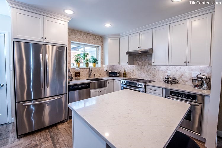 White Kitchen Cabinets with Floating Island Countertop