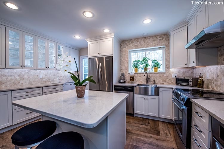 Transitional Kitchen Remodel with White Floating Countertop