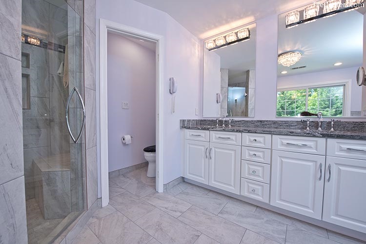 White Bathroom Vanity with Light Grey Floor Tile