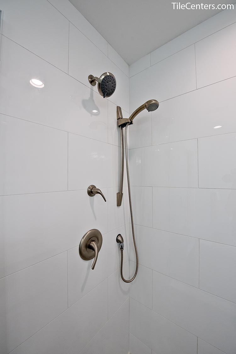 Shower with Brushed Nickel Faucets