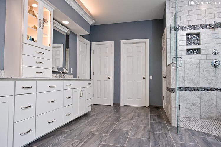 Modern Bathroom Remodel with White, Grey, Blue Accents