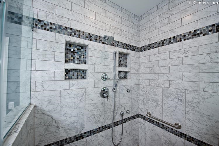 Beautiful Standing Shower with White and Grey Tile and Shower Niche