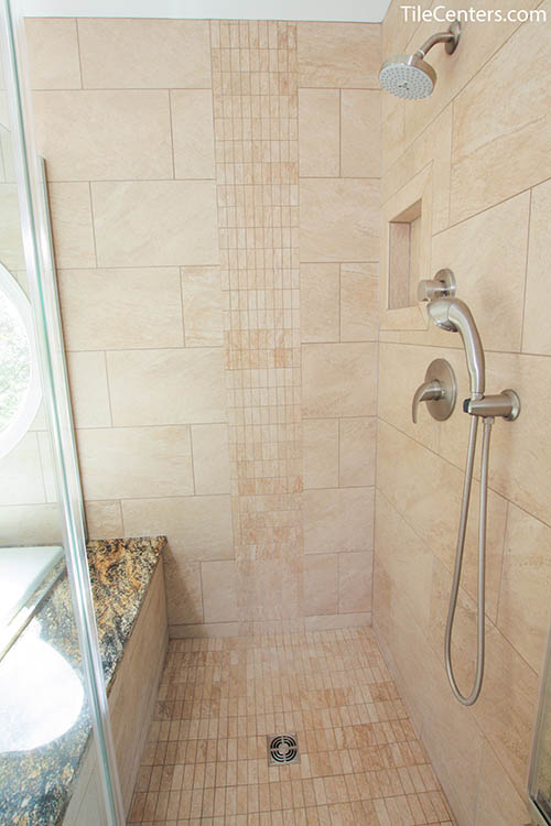 Shower with Beige Tile